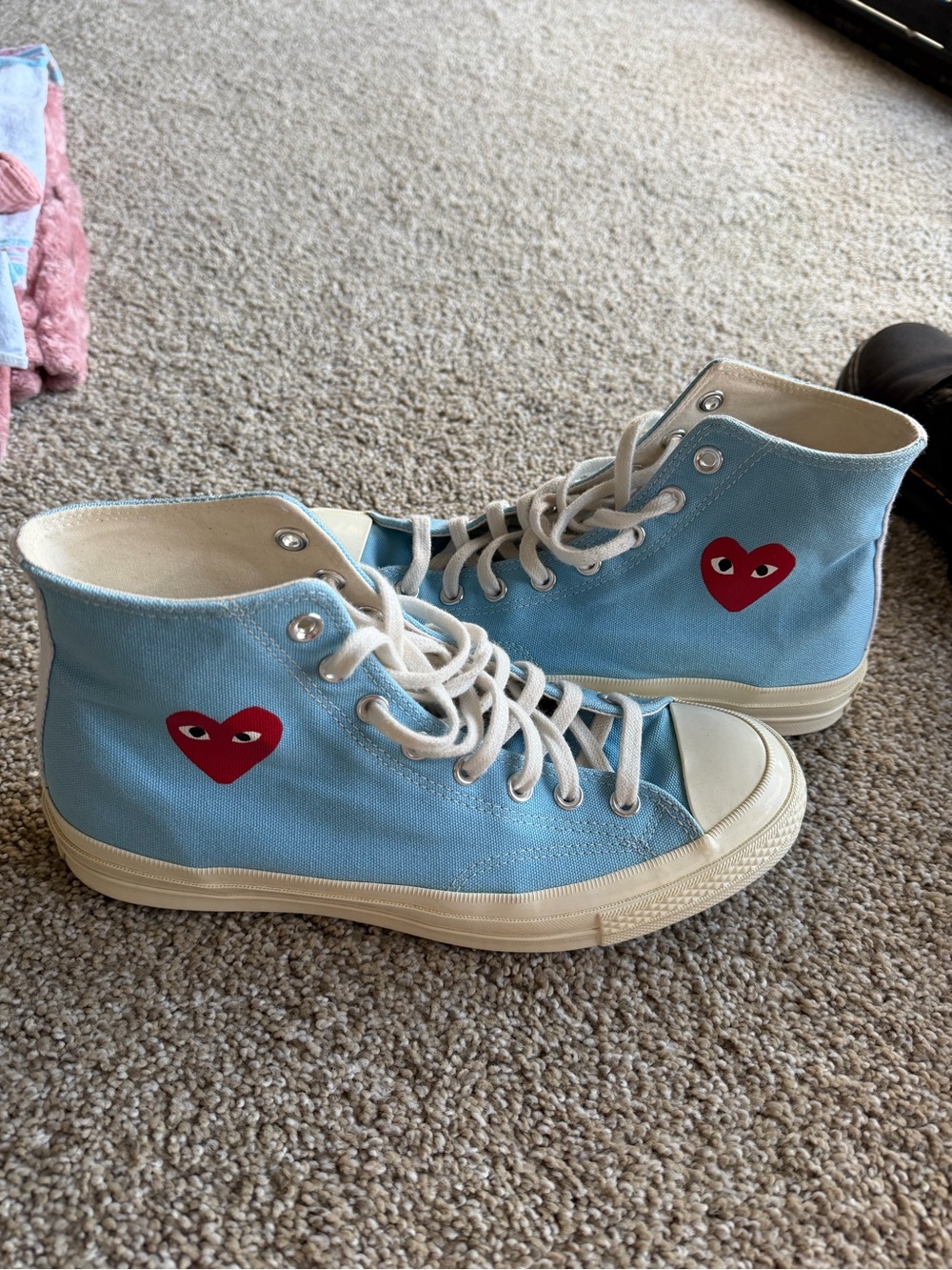 Comme des Garcons Light Blue High-Top Sneakers with Red Heart Logo worn twice